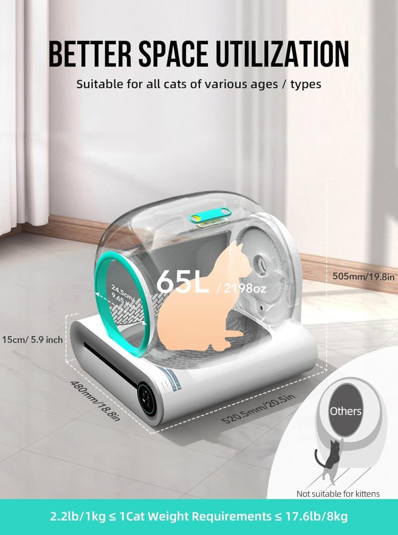 Self Cleaning Cat Litter Box, Automatic Cat Litter Box with Mat & Liners, 65L+9L Large Capacity Self Cleaning Litter Box, APP Control/Suitable for Multiple Cats - Grey - Image 2