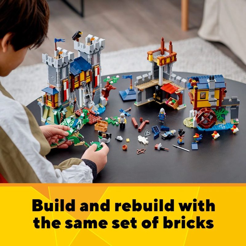 LEGO Creator 3 in 1 Medieval Castle Toy, Transforms from Castle to Tower to Marketplace, Includes Skeleton and Dragon Figure, with 3 Minifigures and Catapult, 31120 - Image 4