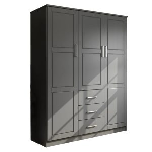 100% Solid Wood Cosmo 3-Door Wardrobe with Raised Panel Doors, Gray - Palace Imports 7115D - MadeInUSA