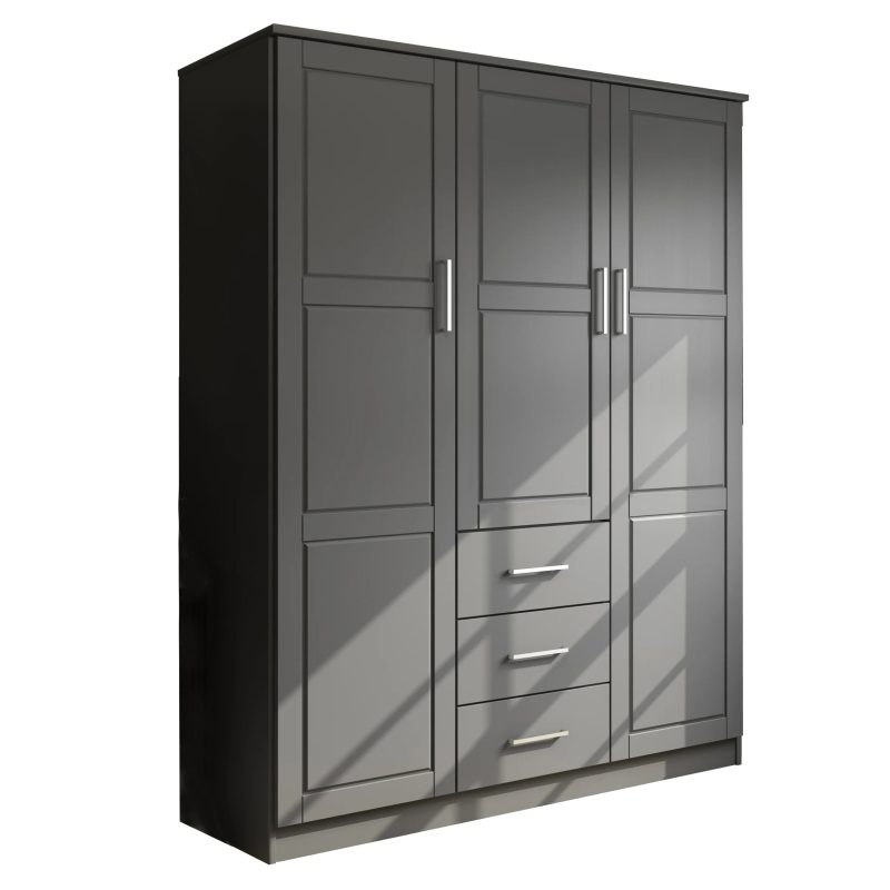 100% Solid Wood Cosmo 3-Door Wardrobe with Raised Panel Doors, Gray - Palace Imports 7115D - MadeInUSA