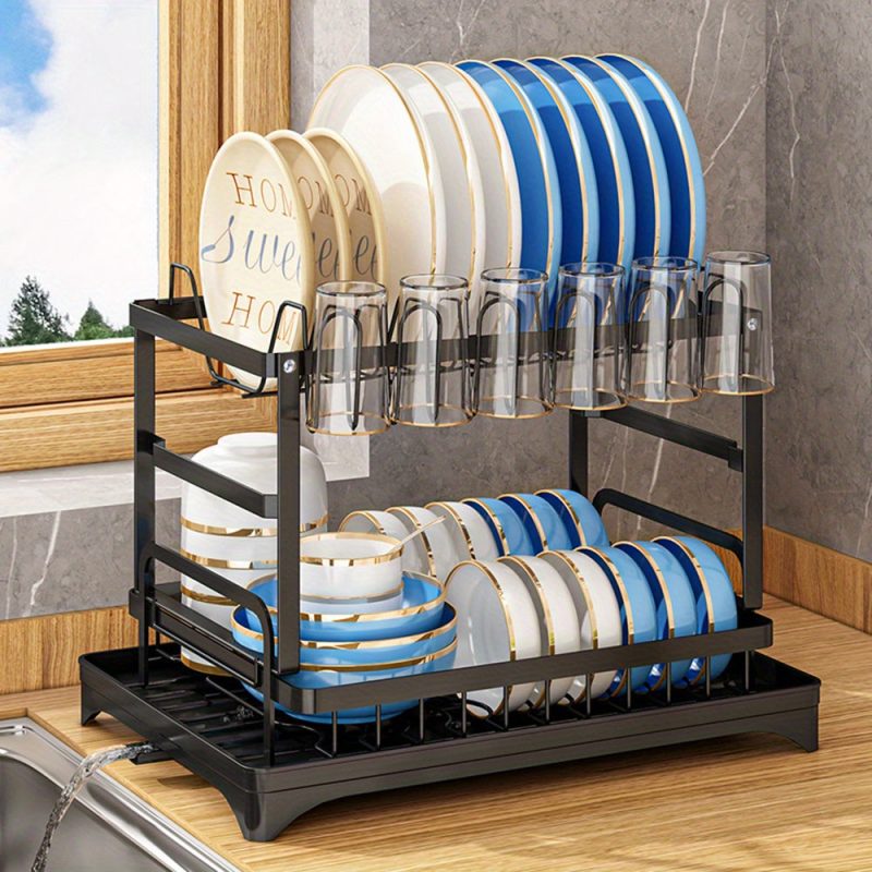 2-Tier Stainless Steel Dish Drying Rack for Kitchen Counter, Over the Sink with Utensil Holder and Cutting Board Storage - Image 18