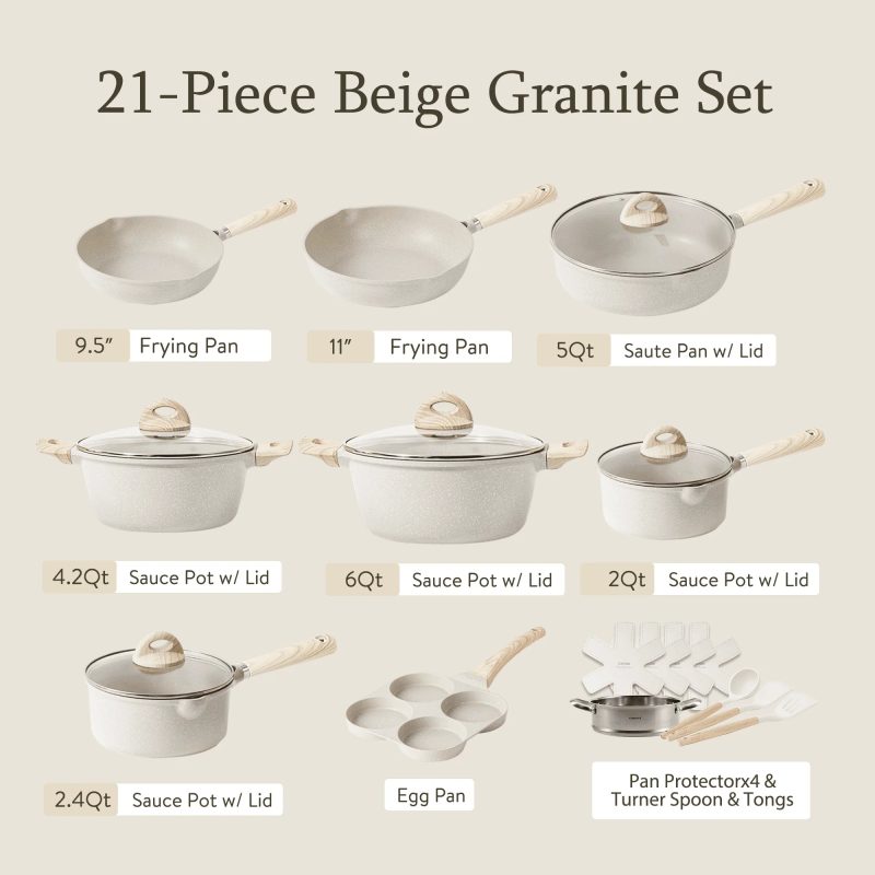 Carote Non Stick Pots and Pans Set, 21 Pcs Induction Kitchen Cookware Sets (Beige Granite) - Image 2