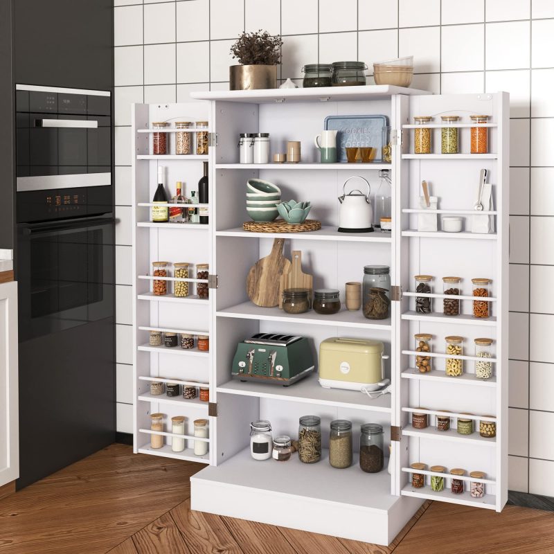 Jehiatek 47u201d Kitchen Pantry Cabinet, White Freestanding Buffet Cupboards Sideboard with Doors & Adjustable Shelves, Kitchen Pantry Storage Cabinet for Kitchen, Living Room and Dinning Room - 图片 9