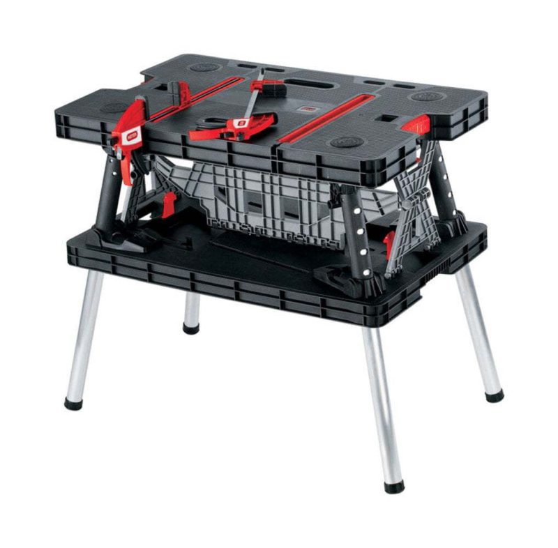 Keter Portable Folding Workbench Sawhorse with Clamps, Black/Yellow, Heavy-Duty Resin - Image 2