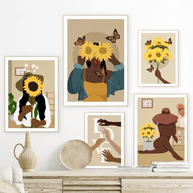 Abstract African Girl Sunflower and Butterfly Wall Art - Image 2