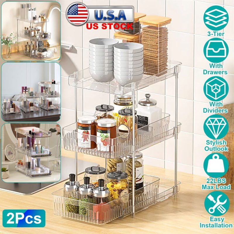 2 Sets-  3-Tier Clear Kitchen Organizer with Dividers - Image 17