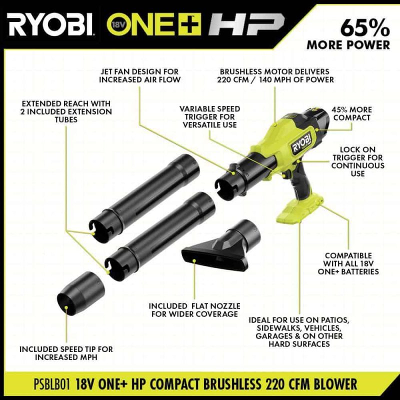 RYOBI ONE+ HP 18V Brushless Cordless Compact Blower, 220 CFM, 140 MPH, Tool-Only - Image 3