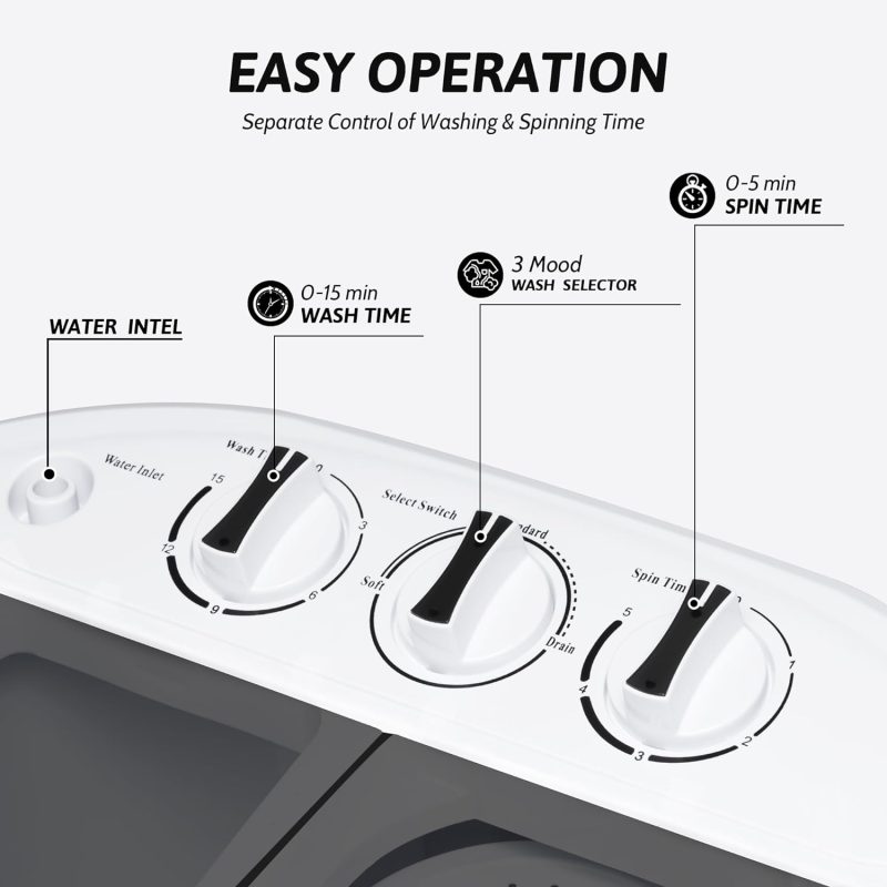 Portable Washing Machine, 15lbs Twin Tub Washer 2 In 1 Mini Compact Laundry Machine, 9lbs+6lbs Washer and Spinner Combo for Dorms, Apartments, RVs(Black) �C 15lbs - Image 3
