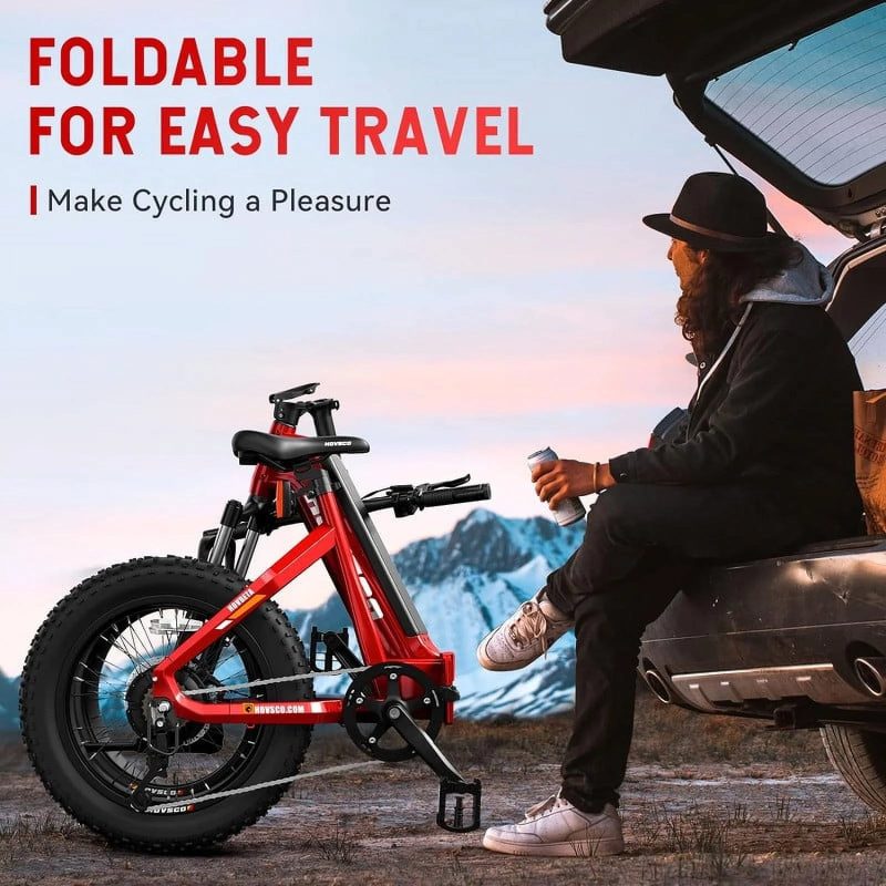 HOVSCO Folding Electric Bike, 750W Step-Thru 20 inch Fat Tire Ebike, 28 MPH, 48V 15Ah Removable Battery, Dual Hydraulic Suspension & Brake, Red - 图片 8