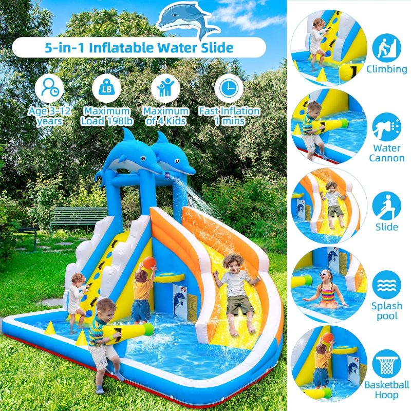 Water Slide,5 in 1 Dolphin Inflatable Bounce House for Kids- Climbing Wall Splash Pool Water Cannon Basketball Rim - 480W Blower - for Indoor Outdoor Backyard Birthday Party - Image 2