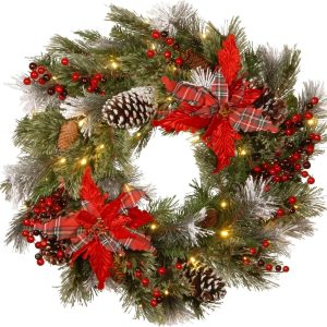 National Tree Company Pre-Lit Artificial Christmas Wreath Green Tartan Plaid White Lights Decorated 24 Inches