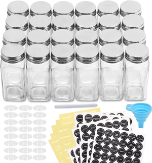 24 Pcs, 4oz Glass Spice Jars/Bottles With Spice Labels, Shaker Lids & Airtight Metal Caps – Silicone Collapsible Funnel Included
