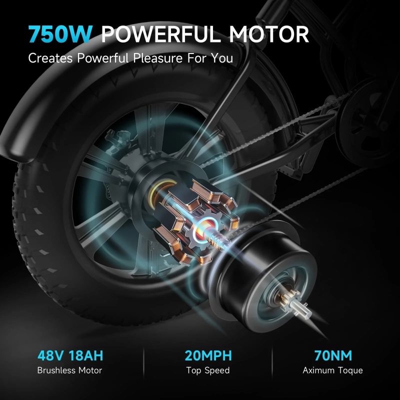 Happyrun Electric Bike for Adults 20" Fat tire with 750W Motor Ebike 48V 18AH Removable Battery 20MPH & 68 Miles - Image 3
