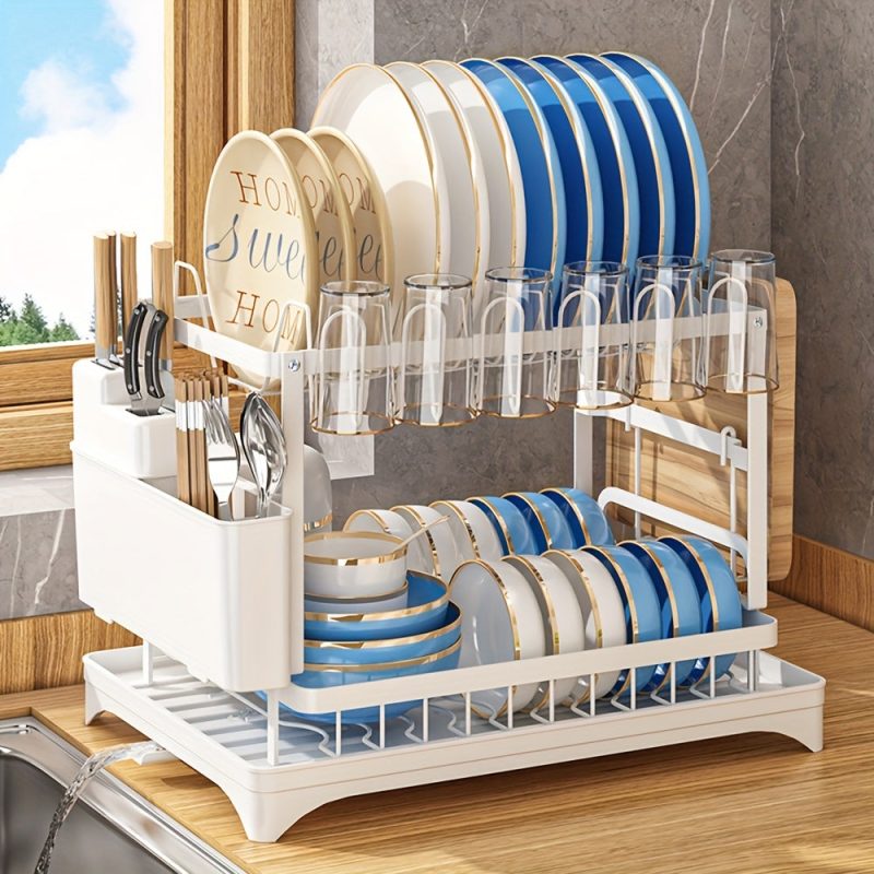 2-Tier Stainless Steel Dish Drying Rack for Kitchen Counter, Over the Sink with Utensil Holder and Cutting Board Storage - Image 3