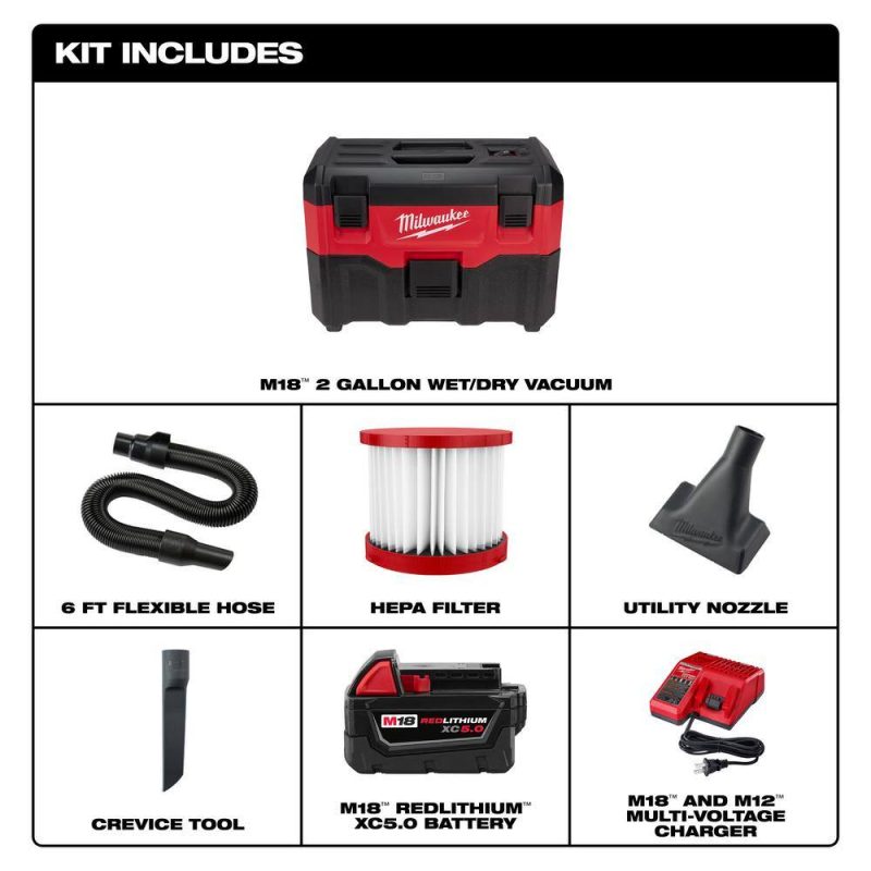 0880-20-48-59-1850 M18 18-Volt 2 Gal. Lithium-Ion Cordless Wet/Dry Vacuum with M18 XC 5.0 Ah Starter Kit - Image 17