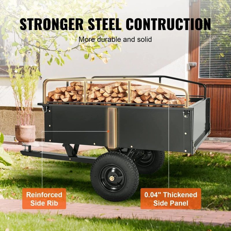 VEVOR ATV Trailer Heavy Duty Steel Dump Cart Tow Behind, 750 lbs 15 Cubic Feet, Garden Utility Trailer Yard Trailers with Removable Sides for Riding - MadeInUSA - Image 3