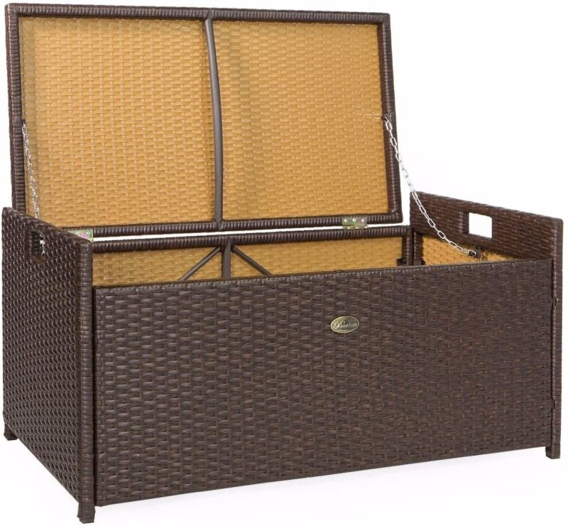 Barton Outdoor Storage Bench Rattan Style Deck Box Wicker Patio Furniture Water Resistance w/Seat Cushion, 60-Gallon, Brown - Image 2
