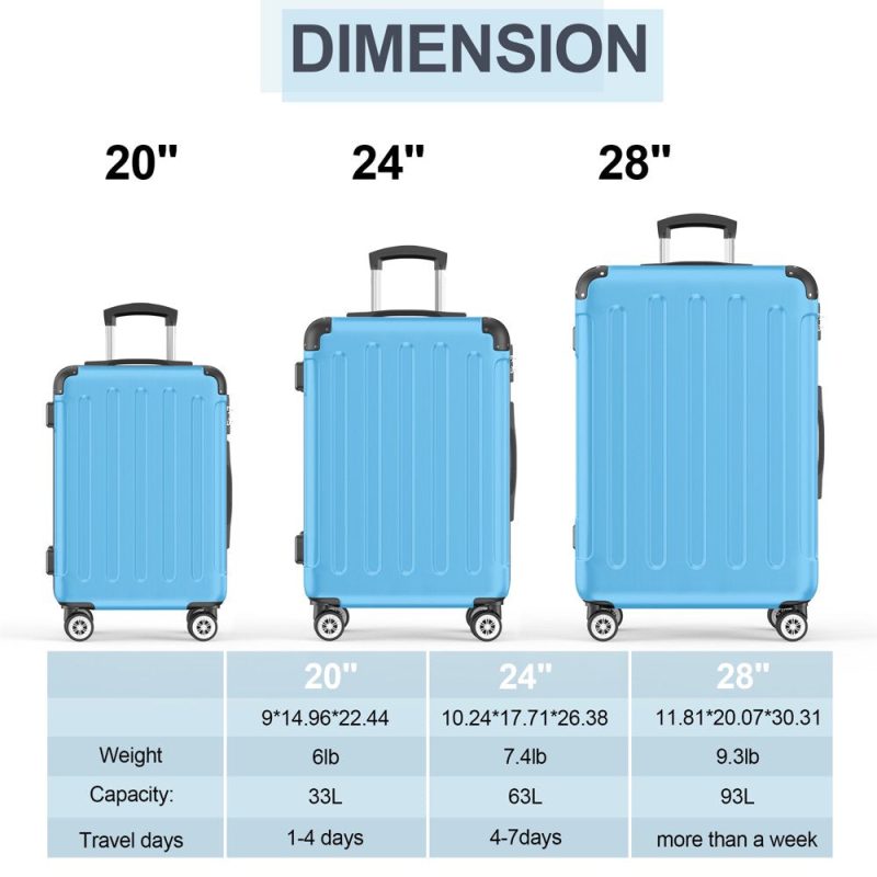 Sunbee 3 Piece Luggage Sets Hardshell Lightweight Suitcase with TSA Lock Spinner Wheels, Light Blue - Image 5