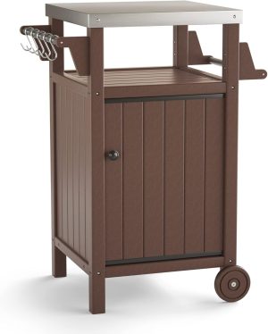 Movable Portable Outdoor Table, Stainless Steel Patio Kitchen Island, Storage Cabinet with Wheels and Side Shelf, inclouding Four Accessory Hooks for Outdoors(Grey Color)