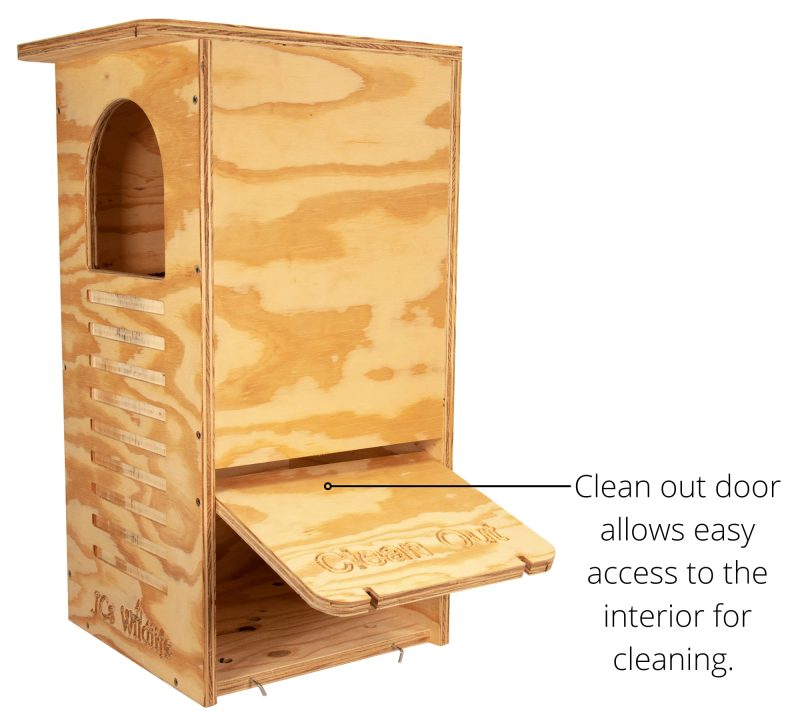 JCs Wildlife Barred Owl Nesting Box – Treated Exterior Grade Plywood – Mounting Hardware and Pine Shavings Included – Dedicated Clean Out Door for Easy Cleaning – Made in The USA - 图片 5