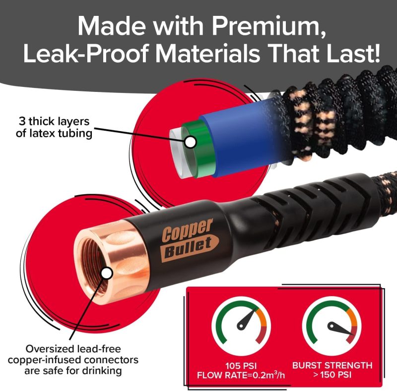 Pocket Hose Copper Bullet 50FT Expandable Garden Hose with 10-Pattern Nozzle, Lead-Free, No-Kink, Ultra-Lightweight, 3/4′′ Copper Fittings - Image 4