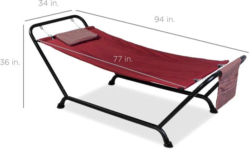 Best Choice Products Outdoor Hammock Bed with Stand for Patio, Backyard, Garden, Poolside w/Weather-Resistant Polyester, 500LB Weight Capacity, Pillow, Storage Pockets - Red - Image 8