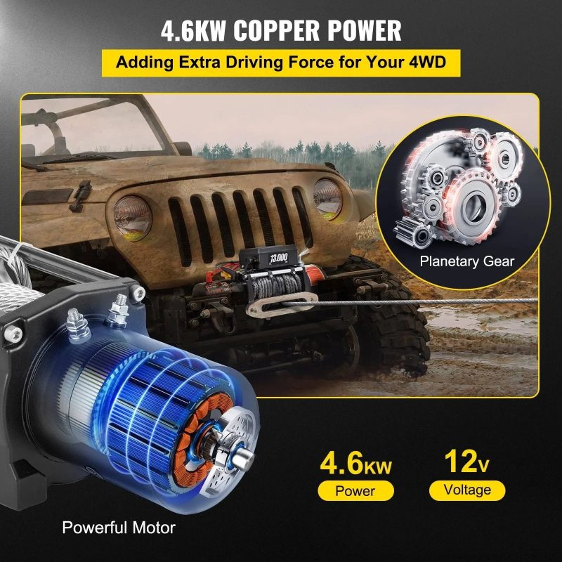 VEVOR Electric Winch 13000lb Load Capacity Truck Winch Compatible with Jeep Truck SUV 65ft/20m Synthetic Rope 12V Power Winch - Image 8