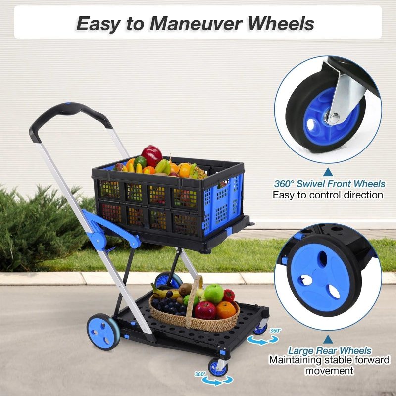 2-Tier Multi-Functional Collapsible Carts Foldable Trolley with Storage Crate Rolling Swivel Wheels - Image 5