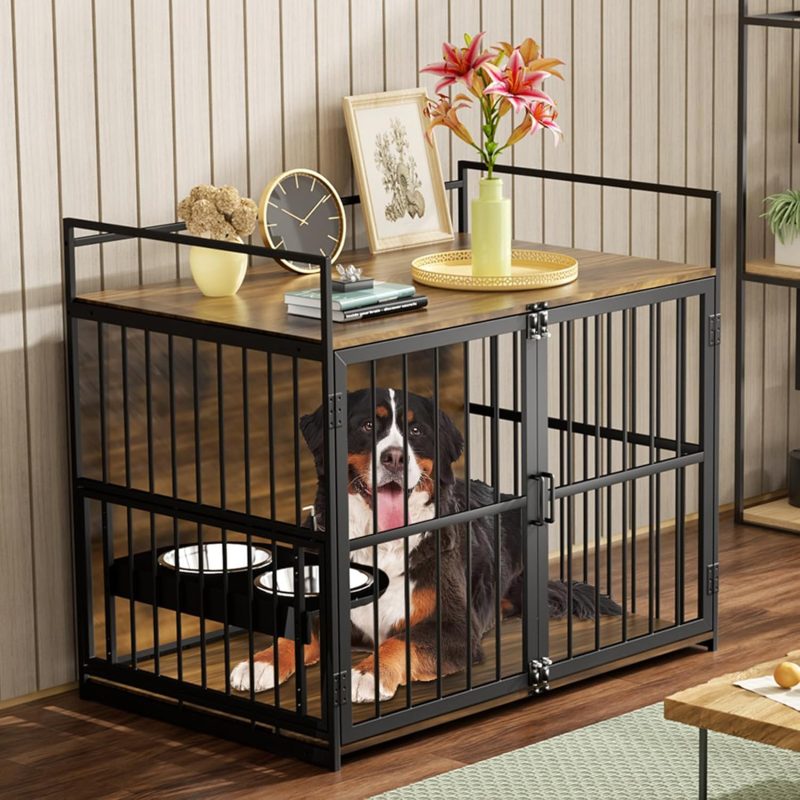 Furniture Style Large Dog Crate with 360° & Adjustable Raised Feeder for Dogs 2 Stainless Steel Bowls -End Table House Pad, Indoor Use,41" L X 24" W 36" H, Classic Brown - Image 7