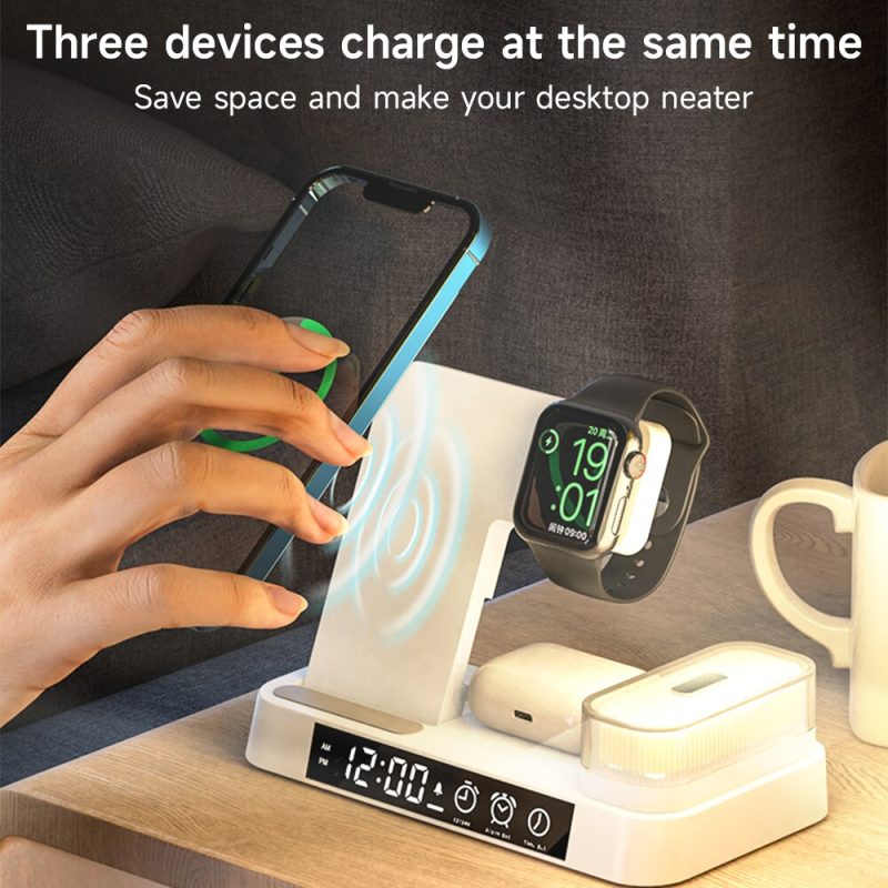 4 in 1 Foldable Multifunction Wireless Charging Station with Alarm Clock Display for iPhone Samsung Apple Watch Air Pods Charger with 7 Colors RGB Night Light - Image 6