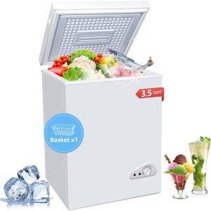 3.5 Cu.Ft Chest Freezer with a Removable Basket 7 Gears Adjustable Temperature Control(-18°F to -46°F), Deep Compact Freezer for Garage, Office, Basement, House, Kitchen, Shop, RVs-White