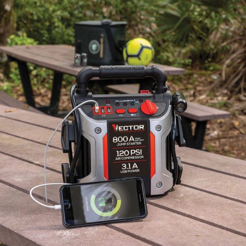 VECTOR 800 Peak Amp Jump Starter 120 PSI Air Compressor Three USB Charging Ports Rechargeable - Image 7