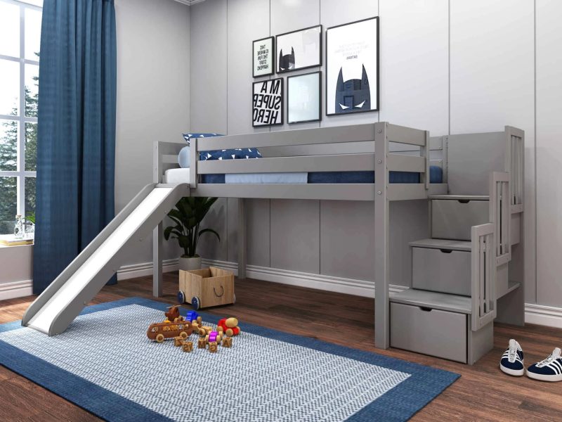 Jackpot Low Loft Twin Bed with 3 Drawer Stairway and Slide, Gray - MadeInUSA - 图片 3