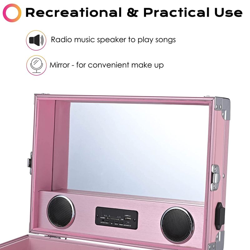 BYOOTIQUE Nail Desk Mobile Station Rolling Makeup Train Case Trolley Cosmetic Manicure Table Mirror 4 Drawers Pink - Image 3