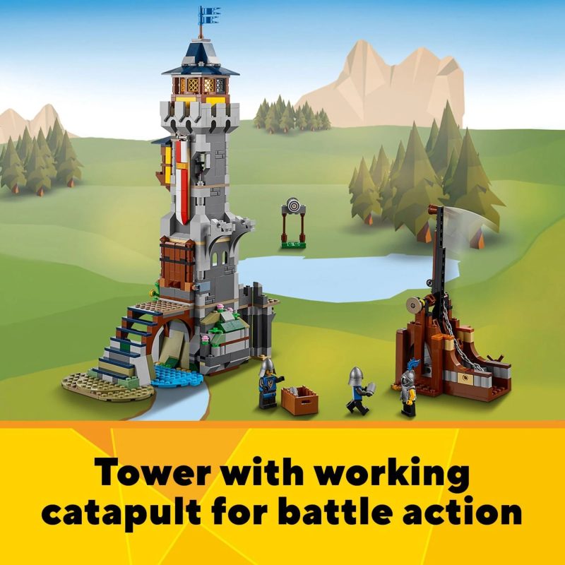 LEGO Creator 3 in 1 Medieval Castle Toy, Transforms from Castle to Tower to Marketplace, Includes Skeleton and Dragon Figure, with 3 Minifigures and Catapult, 31120 - Image 6