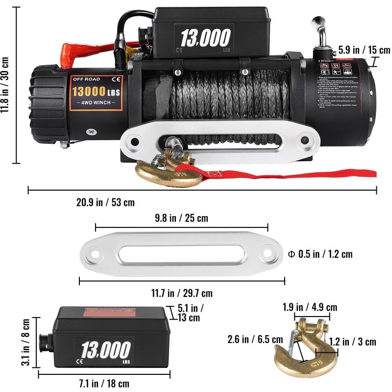 VEVOR Electric Winch 13000lb Load Capacity Truck Winch Compatible with Jeep Truck SUV 65ft/20m Synthetic Rope 12V Power Winch - Image 9
