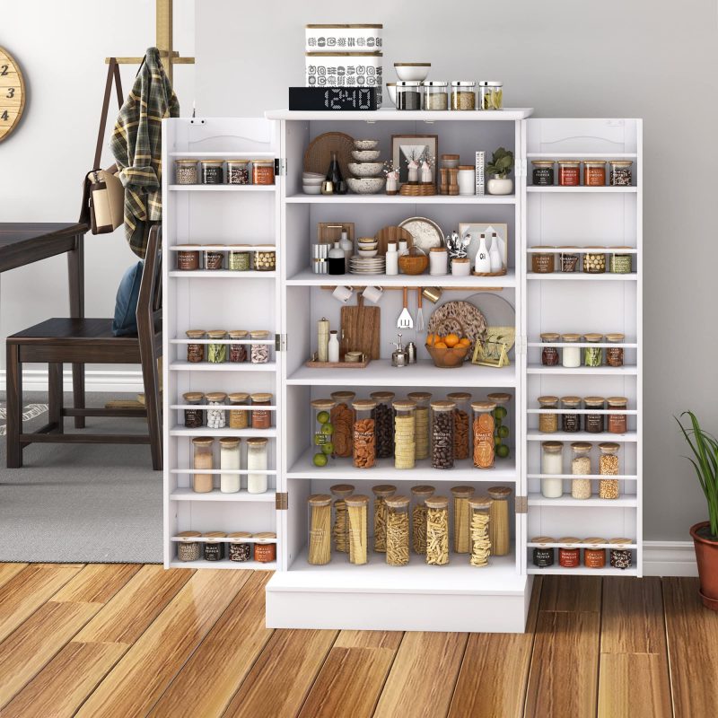 Jehiatek 47u201d Kitchen Pantry Cabinet, White Freestanding Buffet Cupboards Sideboard with Doors & Adjustable Shelves, Kitchen Pantry Storage Cabinet for Kitchen, Living Room and Dinning Room - 图片 7
