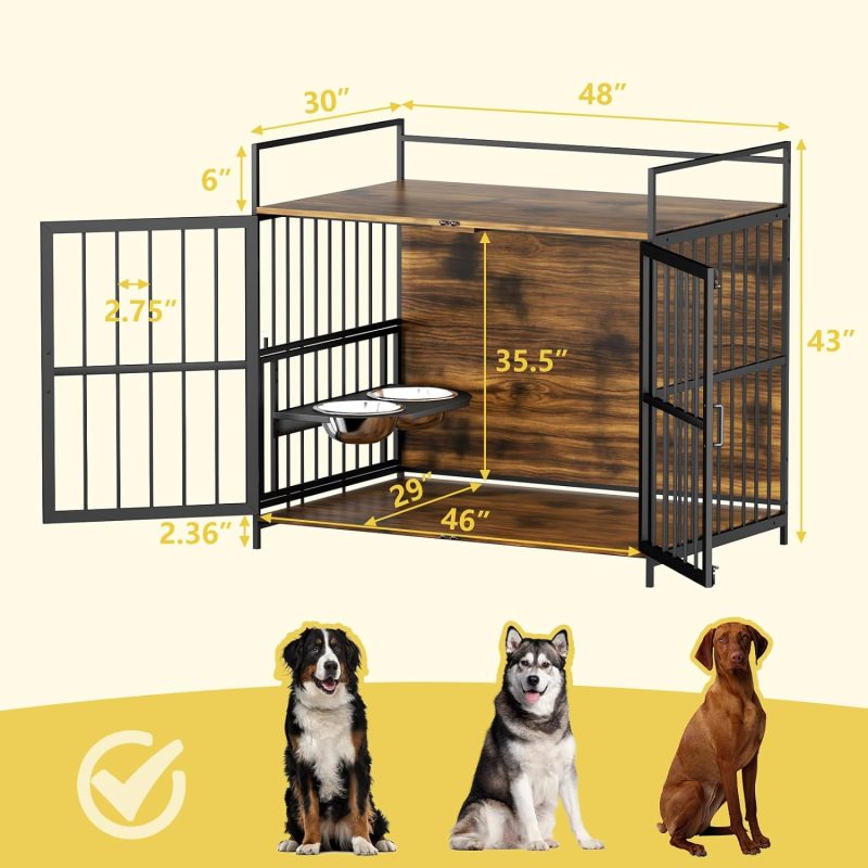 Furniture Style Large Dog Crate with 360° & Adjustable Raised Feeder for Dogs 2 Stainless Steel Bowls -End Table House Pad, Indoor Use,41" L X 24" W 36" H, Classic Brown - Image 3