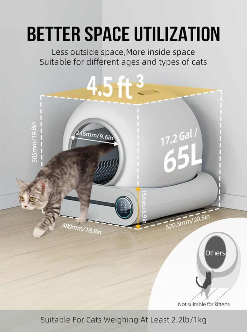 Self Cleaning Cat Litter Box, Automatic Cat Litter Box with Mat & Liners, 65L+9L Large Capacity Self Cleaning Litter Box, APP Control/Suitable for Multiple Cats - Grey - Image 12