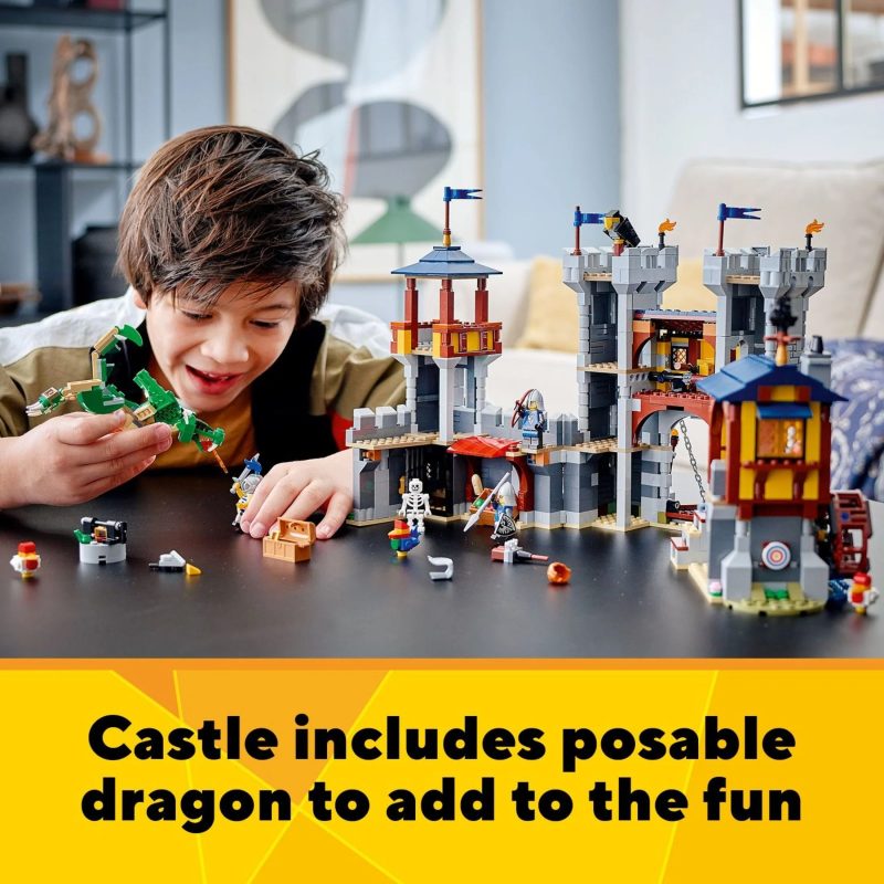 LEGO Creator 3 in 1 Medieval Castle Toy, Transforms from Castle to Tower to Marketplace, Includes Skeleton and Dragon Figure, with 3 Minifigures and Catapult, 31120 - Image 5