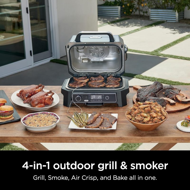 7-in-1 Grill & Smoker with Thermometer, Air Fryer, BBQ, Bake, Roast, Broil – Portable Electric Outdoor Grill, Grey - Image 5