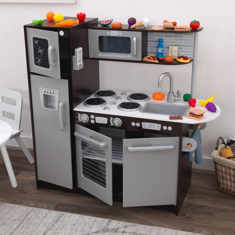 KidKraft Uptown Espresso Wooden Play Kitchen Set with 30-Piece Food Accessories, Chalkboard & Granite-Style Countertops - Image 7