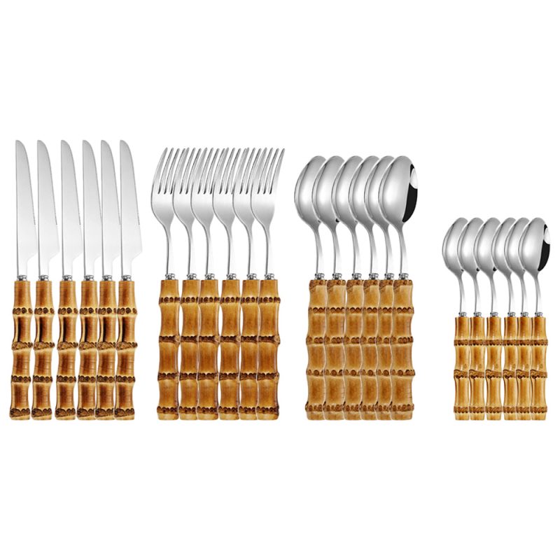 24 Pc Natural Bamboo Handle Cutlery Set Stainless Steel Flatware - Image 10