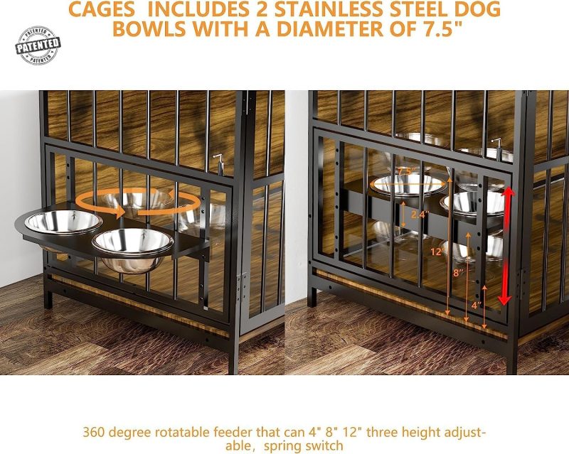 Furniture Style Large Dog Crate with 360° & Adjustable Raised Feeder for Dogs 2 Stainless Steel Bowls -End Table House Pad, Indoor Use,41" L X 24" W 36" H, Classic Brown - Image 19