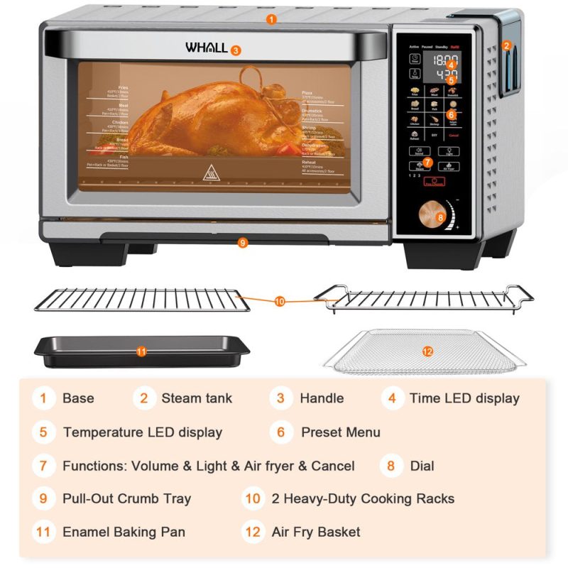 WHALL Air Fryer Toaster Oven - 30QT Convection Oven, 11-In-1 Steam Oven, Touchscreen, 4 Accessories - Image 3