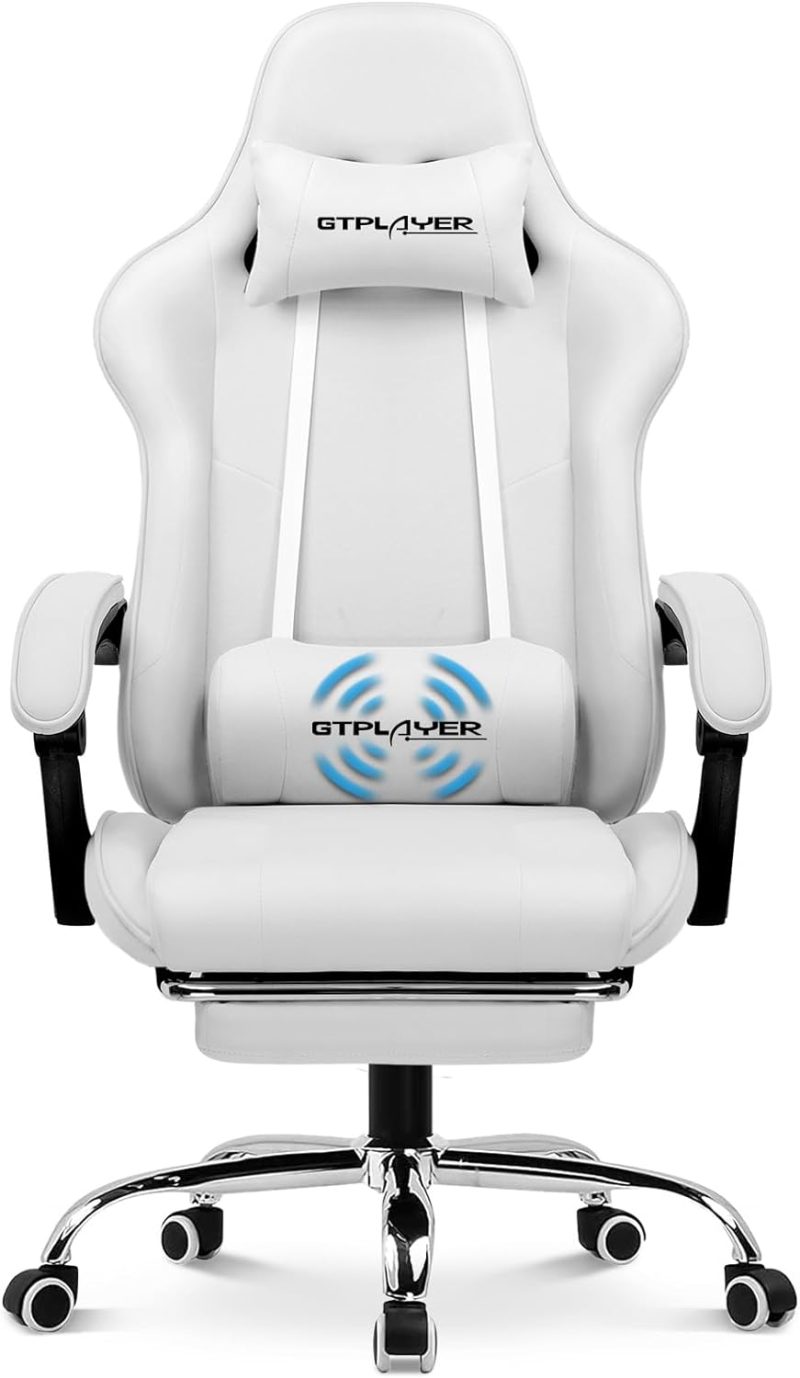 GTPLAYER Gaming Chair, Computer Chair with Footrest and Lumbar Support, Height Adjustable Game Chair with 360  -Swivel Seat and Headrest and for Office or Gaming (White) - Image 8