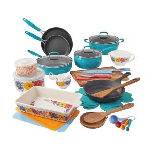 The Pioneer Woman Brilliant Blooms 38-Piece Cookware Set, Teal – Complete Kitchen Solution with Floral Design