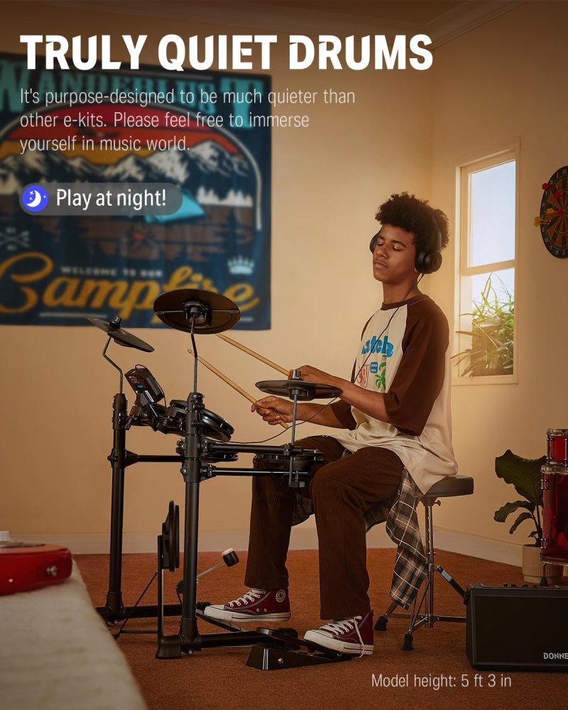 Donner DED-80 Electronic Drum Set, Electric Drum Set for Beginner with 4 Quiet Mesh Drum Pads, 2 Switch Pedal, 180+ Sounds, Throne, On-Ear Headphones, Sticks, and Melodics Lessons Included. sgtnighsdesigns - Image 3