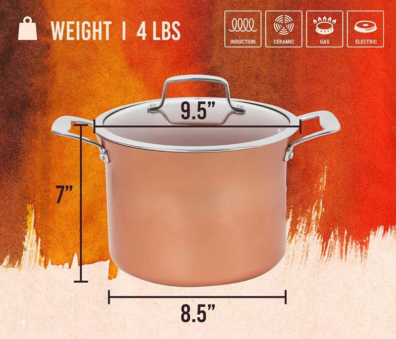 7 QT Copper, Granite, or Sapphire Non Stick Stock Pot Casserole (Induction Compatible) With Glass Lid - Image 2