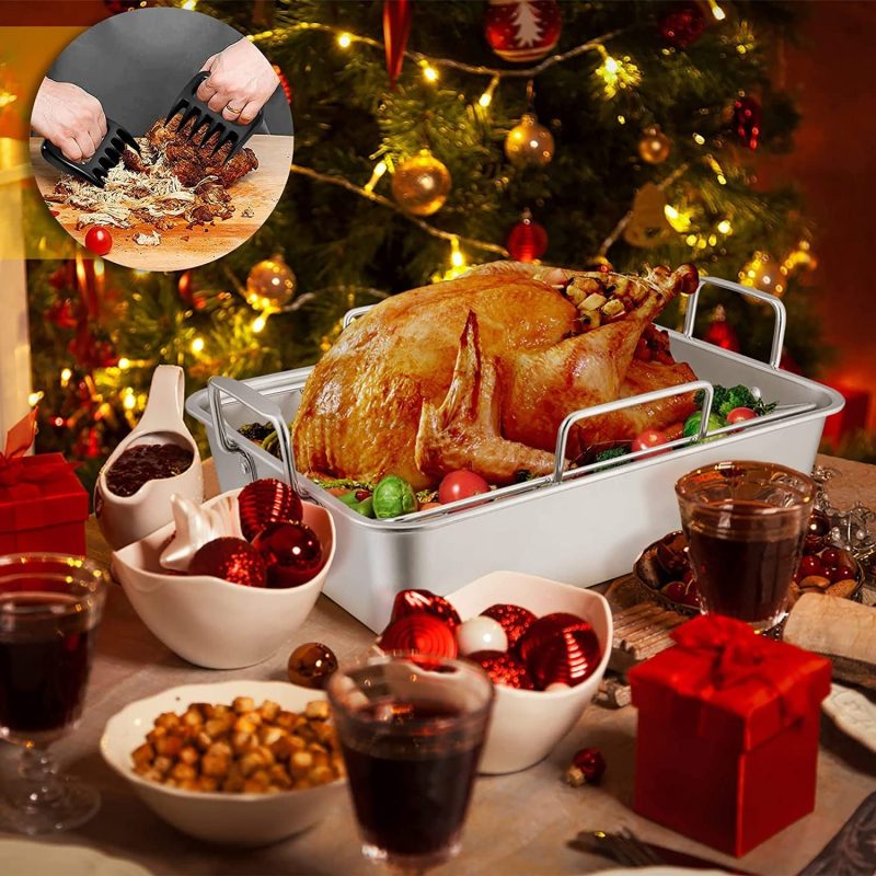 151⁄4” Roasting Pan with Rack, 7 PCS  Stainless Steel Roaster, Lasagna Pan with Cooling Flat & V-Shaped Baking Rack, Grilling Chicken Holder, Meat Shredding Claws, - Image 7
